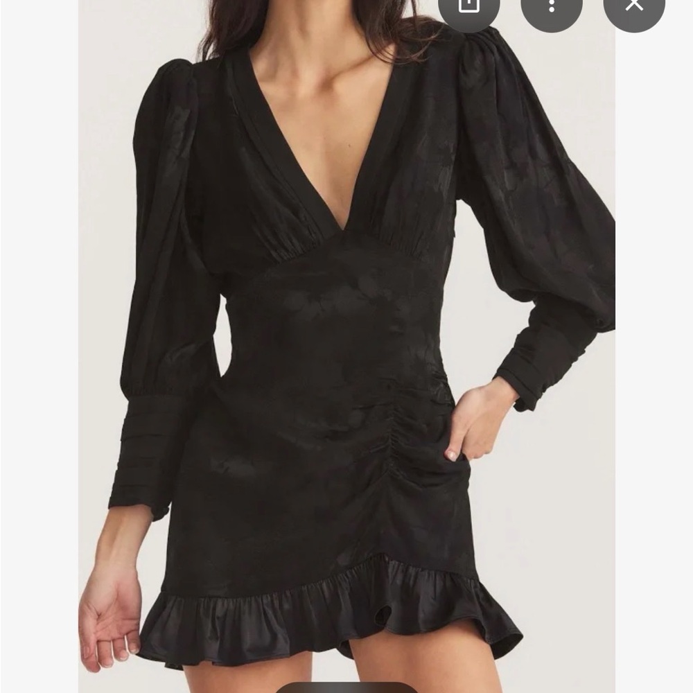 LoveShackFancy Black V-Neck Puff Sleeve Mini Dress